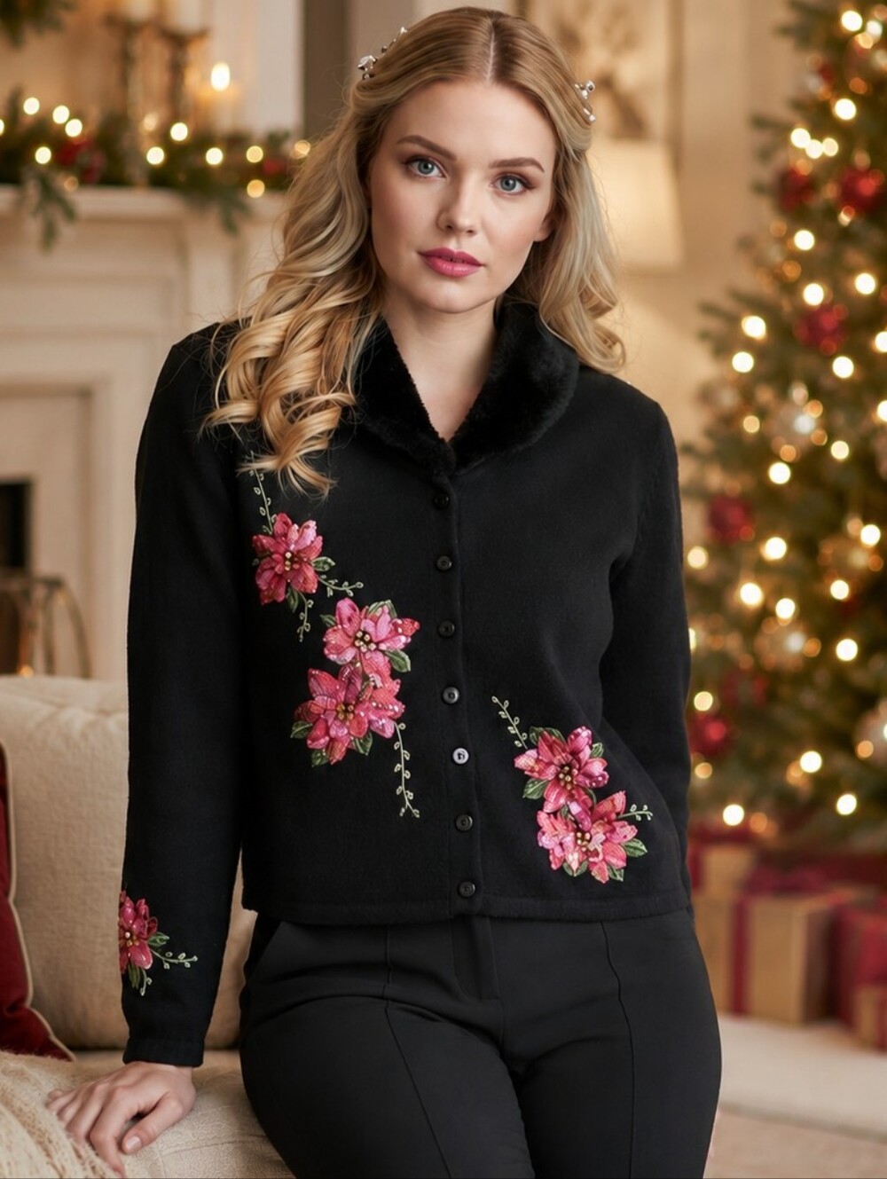 Heirloom Collectibles Poinsettia Embroidery with Sequins Removable Fur Collar
